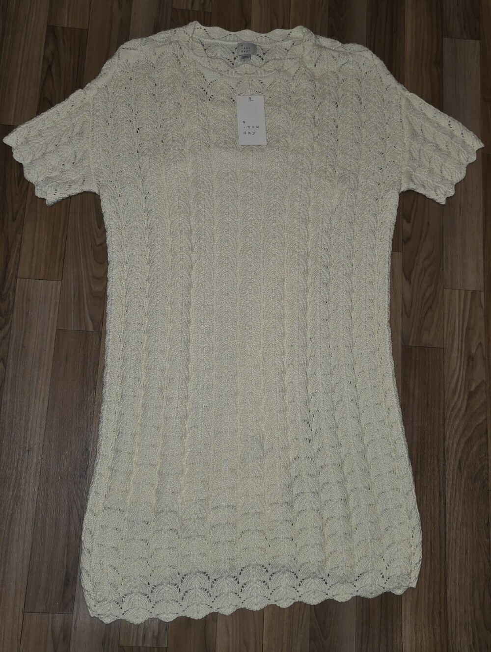 A New Day Pointelle Mini Sweater Dress Cream Boho Crochet Look Size XS